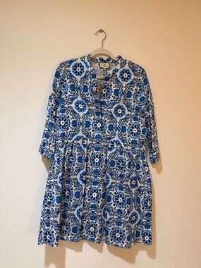 Tuckernuck Blue and White Medallion-Print Long Sleeve Tiered Dress